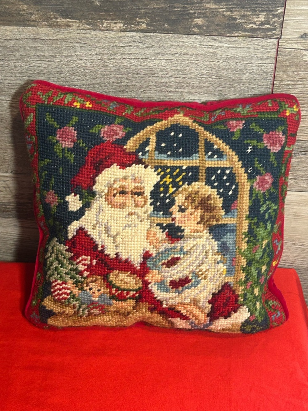 Vintage-Style Santa & Child Needlepoint Holiday Pillow in Red and Navy